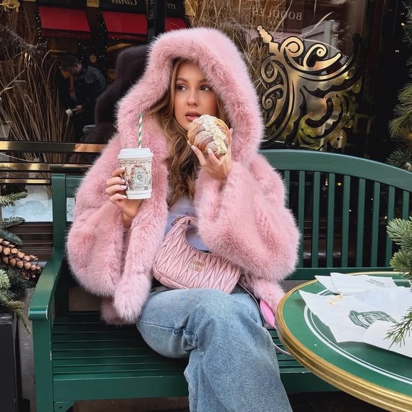 Pink Faux Fur Coat with Hood - Picture 5 of 6